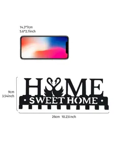 Size specifications of Home Sweet Home metal wall hook shown with smartphone for scale