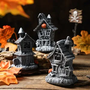 Halloween Harz Geisterhaus Ornamente Spukhaus Figur Mit Kürbis Totenkopf Skelett Miniatur Geisterhütte Für Halloween Party Tisch Fenster Deko