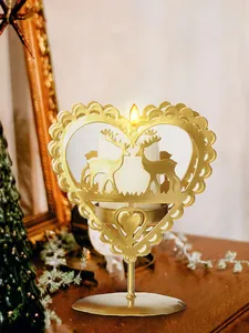 Candelabro de corazón de hierro dorado con ciervo para decoración de mesa navideña