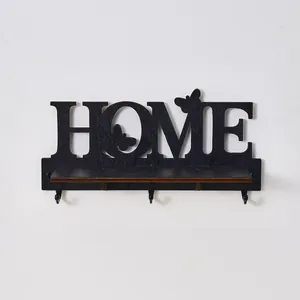 Portachiavi da parete rustico in legno nero con scritta HOME e 3 ganci con ripiano