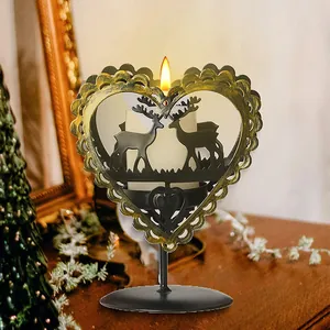 Portavelas vintage de hierro en forma de corazón con siluetas de ciervo decor