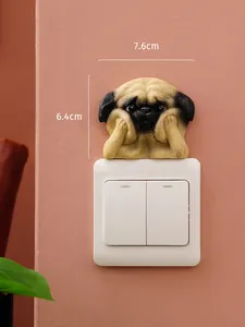 Close-up of cute pug resin switch sticker with dimension labels 7.6cm by 6.4cm