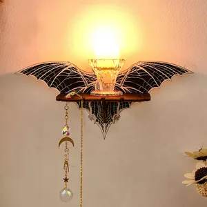 Wooden bat-shaped wall shelf with crystal candle holder for Halloween home decor