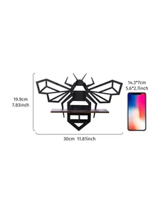 Black geometric bee-shaped wooden wall shelf decoration measuring 30x19.9 cm for home