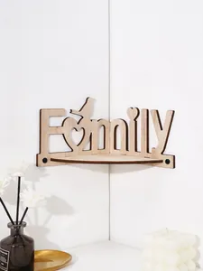 Close-up of wooden 'Family' corner shelf with minimalist design