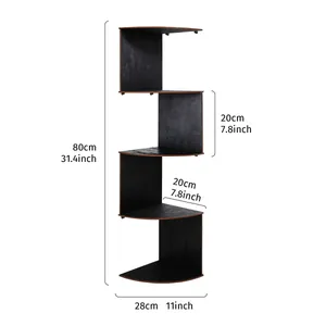 Étagère murale d'angle créative de 80 cm en forme de S avec plateaux noirs en bois