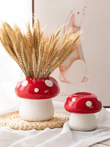 Set of creative red mushroom resin flower vases for cozy home desktop decoration and art