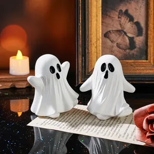 Lot de 2 mignonnes figurines de fantômes blancs en résine pour décoration de Halloween