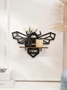 Modern geometric bee-shaped wall floating shelf in black wood for home storage and decor