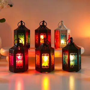 Set di sei lanterne esagonali in ferro stile europeo vintage per decorazione casa interna