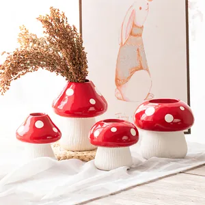 Creative Cute Mushroom Resin Flower Vase Red Polka Dot Mushroom Shape Tabletop Ornament For Living Room Home Decor Accent