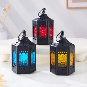 Lanterne esagonali vintage in ferro battuto con vetri colorati a sbalzo decorativi