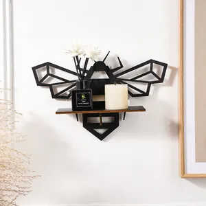Geometric Bee Floating Shelf Wooden Wall Hanging Decor Modern Minimalist Animal Shape Storage Rack For Living Room Office Home Art Craft Ornament