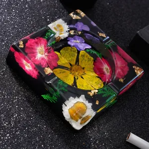 Cenicero de resina transparente con flores secas y pan de oro para decoración de hogar