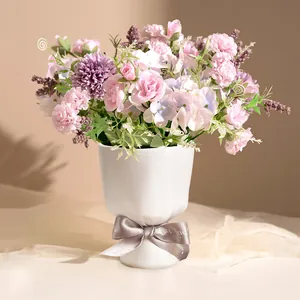 Elegant Nordic handheld bouquet shaped white resin vase with artificial pink roses centerpiece