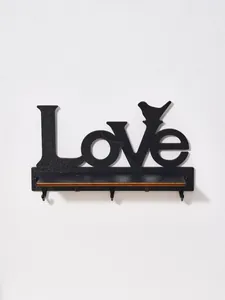 Black wooden wall hook shelf featuring Love letters and bird silhouette decoration