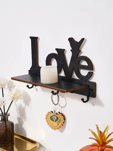 Wooden wall mounted shelf with Love letters and bird hooks for home organization