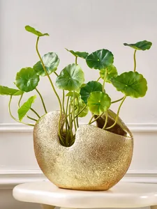 Detailopname van gouden halfronde hars vaas met kunstmatige muntblaadjes plant.