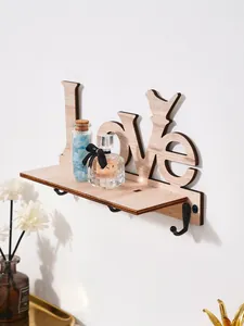 Creative wooden LOVE bird wall shelf with hooks for home decor and towel storage