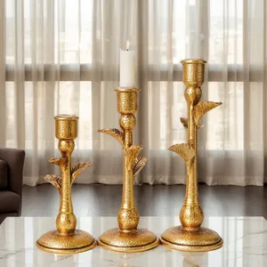 Vintage Resin Coconut Tree Candlestick Holder Hammered Gold Finish Tropical Palm Leaf Candle Stand For Home Wedding Decor