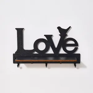 Creative black wooden LOVE wall hook with bird silhouette and small storage shelf for home