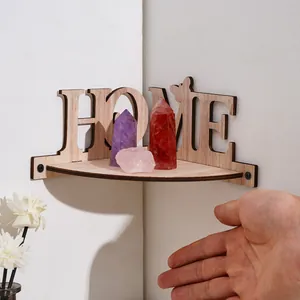 Rustic wooden corner floating shelf with HOME cutout letters for home wall decor