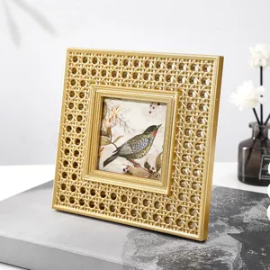 Vintage European style resin photo frame with golden rattan pattern square design