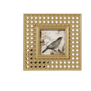 Elegant retro gold resin square photo frame with rattan texture and vintage bird art print