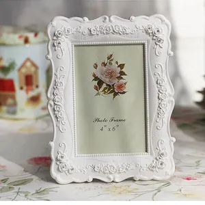 Cadre Photo Moderne Simple en Relief avec Rose Blanche Incrustation de Strass Résine ABS Verre Cadre de Bureau pour Décoration de Mariage Maison