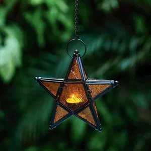 Retro Marokkanische Stern-Hängelaterne mit bernsteinfarbenem Glas für den Garten