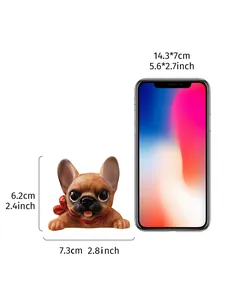 Detailed size comparison of a French Bulldog resin wall sticker beside a smartphone.
