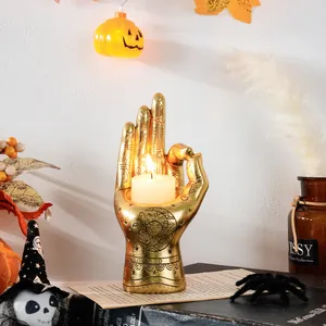 Gold mystical palm resin candle holder with sun engraving for Halloween decor