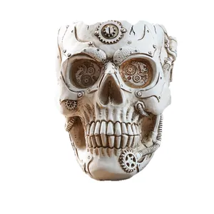 Steampunk-Stil Harz Totenkopf Blumentopf mit mechanischen Zahnrad-Details für Sukkulenten