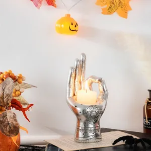 Vintage silver palmistry hand candle holder with resin moon and sun engravings for Halloween