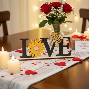 Decorative wooden LOVE tabletop sign with bee and sunflower for Valentine's Day decor
