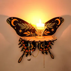 Wooden butterfly wall shelf candle holder with crystal hanging chains for home decor item