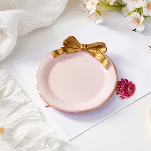 Bandeja para Joyas con Lazo Rosa de Lujo Francés Plato de Resina con Borde Dorado para Guardar Anillos y Pendientes
