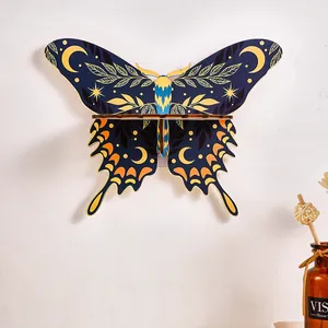 Detailed close-up view of the wooden butterfly wall shelf featuring celestial moth print.