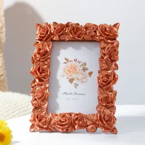 Vintage copper resin photo frame with 3D rose carvings for 3.5x5 inch photographs