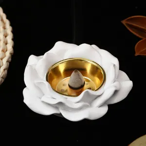 Quemador de Incienso de Reflujo de Resina de Rosa Blanca Nórdica Con Bandeja de Metal Dorado Adorno Decorativo Zen Hogar