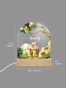 3D Acryl Nachtlicht mit Waldtiere Illustration und Holzsockel Abmessungen