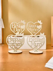 Four laser-cut wooden heart ornaments featuring Best Dad and Happy Mother's Day text