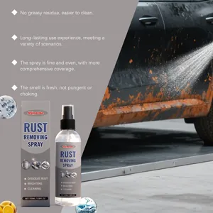 Detail of Hikmario rust removal spray demonstrating powerful cleaning on a rusted car door