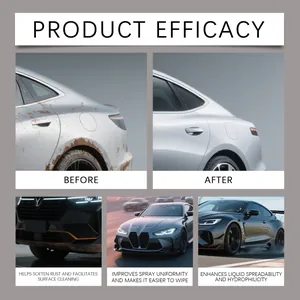 Effective automotive rust remover spray demonstrating before and after results on car surfaces