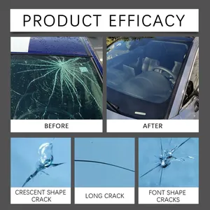 Detail showing before and after comparison of car windshield repair kit efficacy on cracks