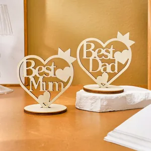Decorative heart-shaped wooden ornaments with 'Best Mum' and 'Best Dad' laser-cut designs