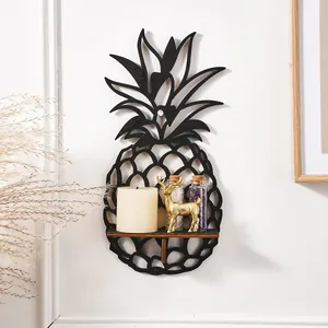 Étagère Murale Créative Minimaliste en Bois en Forme d'Ananas Support de Rangement Suspendu Décoratif Ajouré pour Salon Chambre Noir