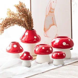 Creative cute red mushroom resin vases set for home decor and floral arrangements
