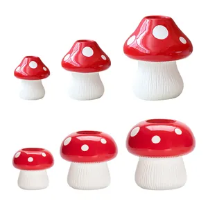Decorative set of six cute red mushroom resin vases for creative home floral arrangements