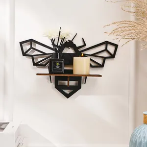Geometric black bee shaped wooden wall shelf and decorative wall mounted storage rack